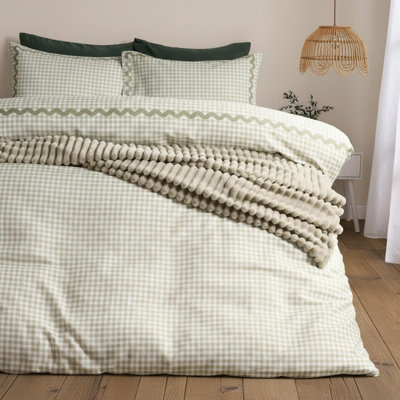 Ohs Gingham Wave Border Bedding Set Microfibre Duvet Cover With PillowcaseSageDouble from B&Q