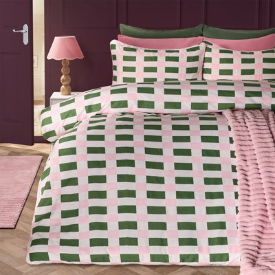 Ohs Checkerboard Bedding Set Microfibre Duvet Cover With PillowcasePink/greenKing from B&Q