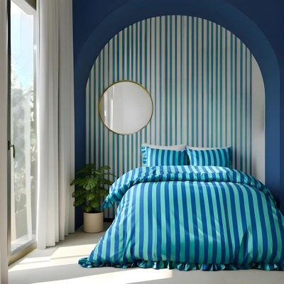 Ohs Frill Duvet Cover Bedding Set Pillowcase Stripe Quilt LuxuryBlue/greenSingle from B&Q