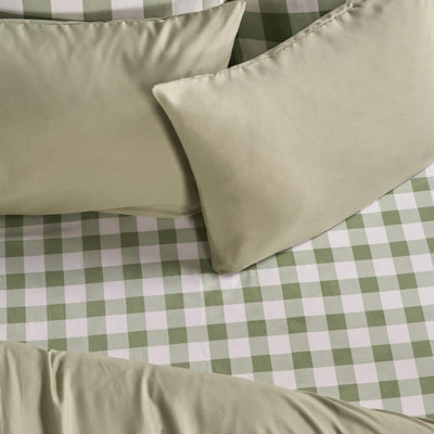 Ohs Gingham Microfibre Easy Care 25Cm Deep Fitted Bed SheetSageDouble from B&Q