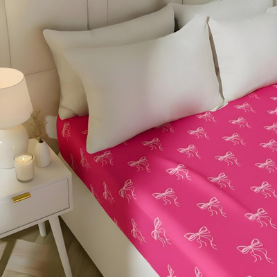 Ohs Bows Print Microfibre Easy Care 25Cm Deep Fitted Bed SheetHot PinkDouble from B&Q