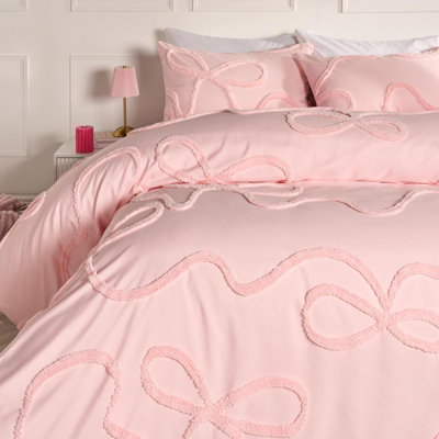 B&Q -  Tufted Bow Bedding Set Duvet Cover With PillowcasePink