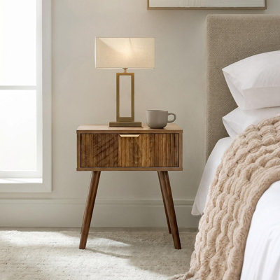 B&Q -  Ribbed Wood Bedside Table 1 Drawer Cabinet Nightstand Storage UnitMedium Wood
