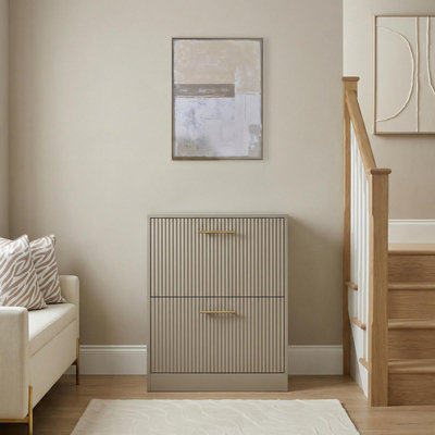 B&Q -  Ribbed 2-Drawer Shoe Cabinet Flip Down Hallway Storage UnitNatural