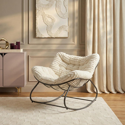 Ohs Ribbed Faux Fur Rocking Chair Upholstered Metal Frame CushionedCream from B&Q