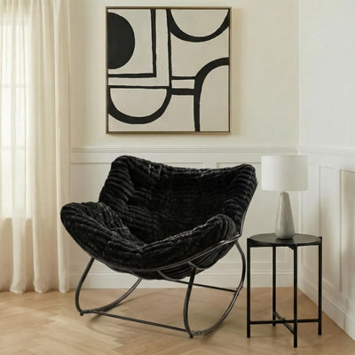 Ohs Ribbed Faux Fur Rocking Chair Upholstered Metal Frame CushionedBlack from B&Q