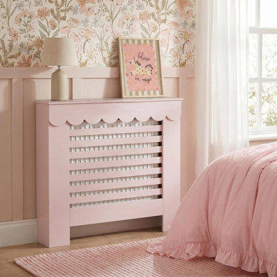 B&Q -  Scallop Radiator Cover Engineered Wood Side Board ShelfLight Pink
