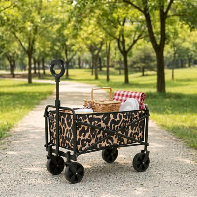 Ohs Leopard Print Foldable Camping Trolly Outdoor Garden Cart Shopping