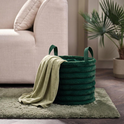 Ohs Ribbed Faux Fur Storage Basket With Handles Compact Bucket OrganiserWoodland Green from B&Q