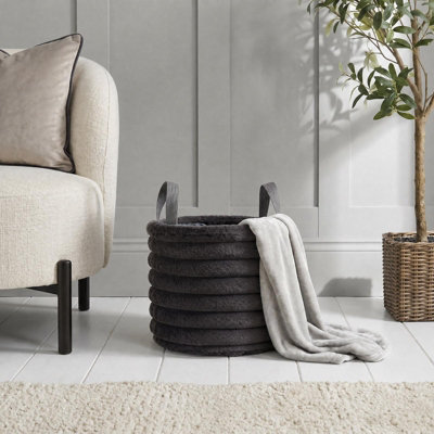 Ohs Ribbed Faux Fur Storage Basket With Handles Compact Bucket OrganiserCharcoal from B&Q