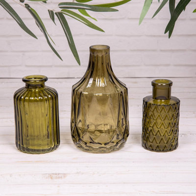 Annibells Set Of 3 Olive Green Vintage Glass Bottle Vases (24917)