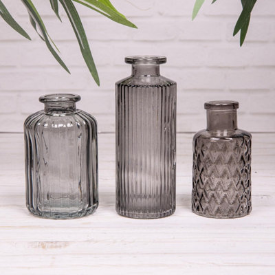 Annibells Set Of 3 Smokey Grey Vintage Glass Bottle Vases (24917)