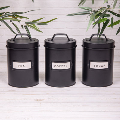 Annibells Set Black Retro Tea Coffee Sugar Metal Canisters Jars  (24549) from B&Q