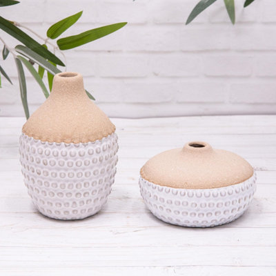 Annibells 2 Stoneware Natural Rustic Bobble White Glazed Vases (18319) from B&Q