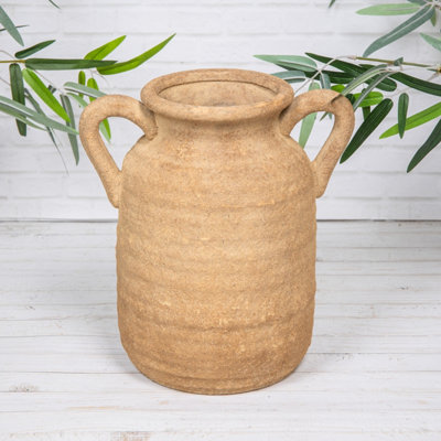 Annibells Large Rustic Farmhouse Brown Stoneware Ceramic Handled Urn Vase (26289)