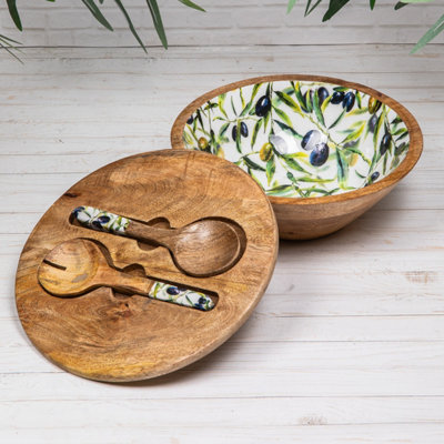 Annibells Mango Wood Olive Enamelled Salad Bowl With LidServing Spoon Fork (25584) from B&Q