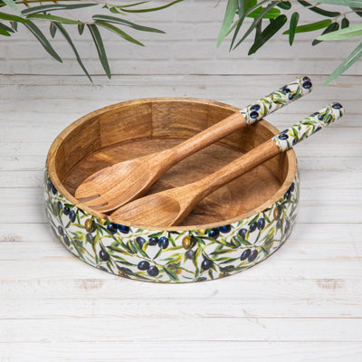 Annibells Large Mango Wood Olive Enamelled Salad Bowl Serving Spoon & Fork (25465) from B&Q