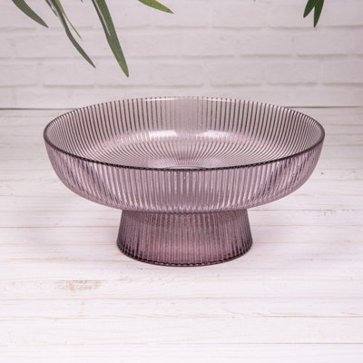  - Annibells Vintage Purple Ribbed Glass Pedestal Fruit Bowl Dish (25366)