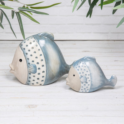 Annibells Blue Ceramic Tropical Striped Fish Coastal Seaside Ornaments (26078)Set Of 2 Sizes
