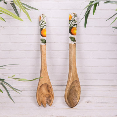 Annibells Mango Wood Enamelled Orange Fruit Salad Serving Spoon & Fork (25315) from B&Q