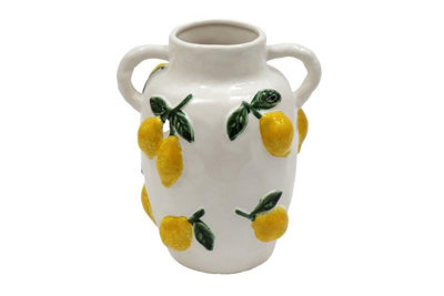 Annibells Lemon Embossed White Ceramic Glazed Urn Handled Vase (25637) from B&Q