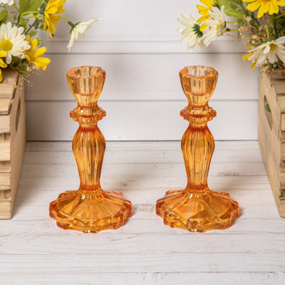 Annibells 2 Vintage Orange Ribbed Glass Dinner Candlestick Holders 25946)