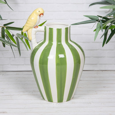 Annibells Green Yellow & White Striped Ceramic Glazed Handled Parrot Urn Vase (26127)Green