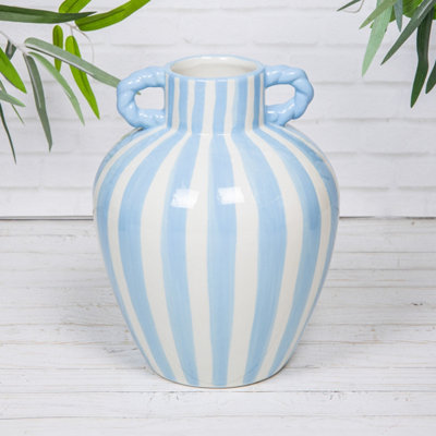 Annibells Green Yellow Blue & White Striped Ceramic Glazed Handled Urn Vase (26099)Blue