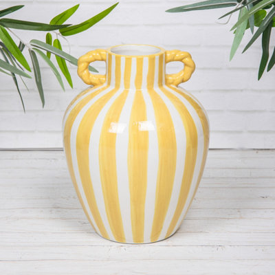 Annibells Green Yellow Blue & White Striped Ceramic Glazed Handled Urn Vase (26099)Yellow
