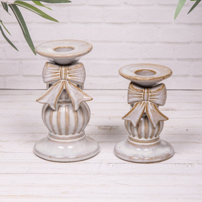 Annibells Glazed Stoneware Bow Candlestick Dinner Candle Holders (22756)Set Of 2 Sizes from B&Q