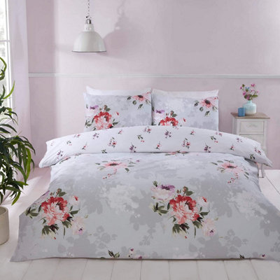 Rapport Margot Flowers Reversible Duvet Cover Set Floral Grey Bedding Easy Care Microfibre Polyester from B&Q