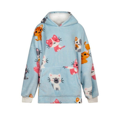 Urban Unique Kitties Sherpa Fleece Hoodie Blanket/throw Blue Oversized from B&Q