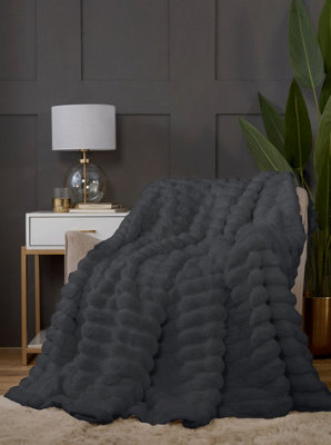 Rapport Home Chunky Ribbed Fur Polyester Soft Plush Cuddly Cozy Blanket Throw Charcoal Grey from B&Q