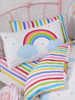 Rainbow Sky Striped Junior Toddler Bed Fitted Sheet And Pillowcase Set from B&Q
