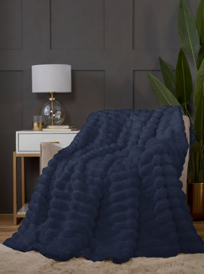 Rapport Home Chunky Ribbed Fur Polyester Soft Plush Cuddly Cozy Blanket Throw Midnight Blue from B&Q