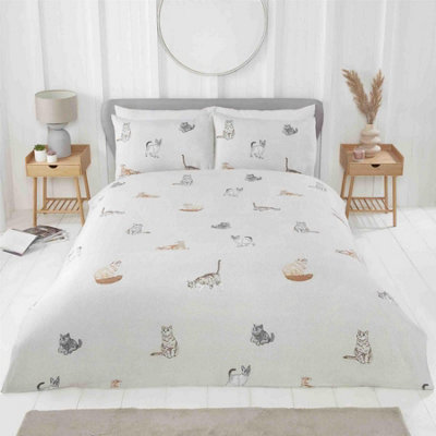 Rapport Purrrfect Reversible Duvet Cover Set Cats And Stripes Bedding Natural from B&Q