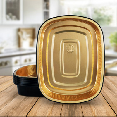 10 Pk Coppice Strong Gold & Black Aluminium Foil Trays For BakingBbq & Serving 26.5 X 20 X 4.5Cm. FreezerMicrowave & Oven Safe from B&Q