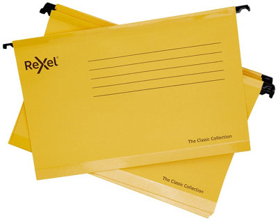 Rexel Classic Foolscap Reinforced Suspension Files For Filing Cabinets15 mm V Base100 Percent Recycled CardYellowPack Of from B&Q