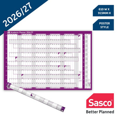 Sasco 2026/27 Academic Year Wall Planner Poster Style Calendar With Wet Wipe Pen & Stickers, 91.5X61Cm, Purple 2026 Calendar Uk &