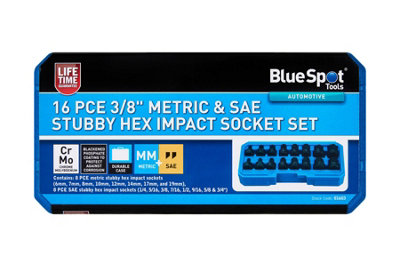 B&Q -  Blue Spot Tools 16Pc 3/8Inch Metric  Sae Stubby Impact Socket Set
