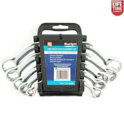 BlueSpot Tools Bluespot 5Pc 8-22mm Obstruction Spanner Set Metric Curved Chrome Vanadium from B&Q