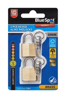 BlueSpot Tools Blue Spot Tools2 Piece 20mm Brass Keyed Alike Padlocks from B&Q