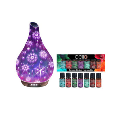 Cello Snowflake 3D Art Glass Ultrasonic Diffuser Large With Harmony Mixology Oil Set Of 7 from B&Q