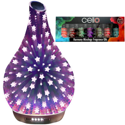 Cello Star 3D Art Glass Ultrasonic Diffuser Large With Harmony Mixology Oil Set Of 7 from B&Q