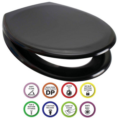 Euroshowers Anti-Bac Top Or Bottom Fix Black Oval Soft Close Quick Release Toilet Seat 375X445mm from B&Q