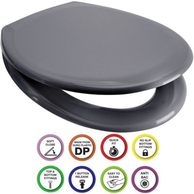 Euroshowers Anti-Bac Top Or Bottom Fix Grey Oval Soft Close Quick Release Toilet Seat 375X445mm from B&Q
