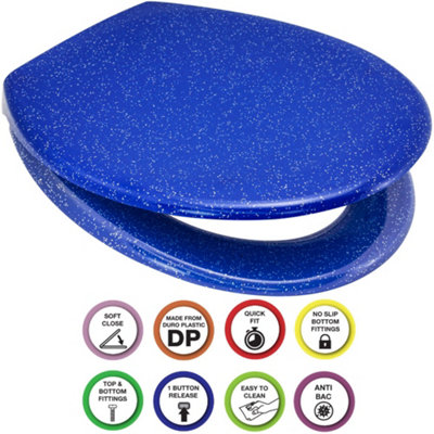 Euroshowers Anti-Bac Top Or Bottom Fix Blue Glitter Oval Soft Close Quick Release Toilet Seat 375X445mm from B&Q