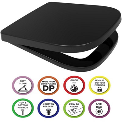 Euroshowers Anti-Bac Top Or Bottom Fix Black V20 Rounded Square/d Soft Close Quick Release Toilet Seat 356X434mm from B&Q