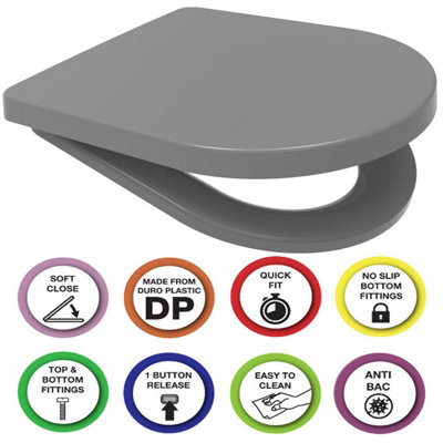 Euroshowers Anti-Bac Grey Middle D Toilet SeatSoft CloseTop Or Bottom Fix & Quick Release 365X464mm from B&Q
