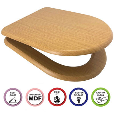 Euroshowers Top Fix Oak Mdf D Shape Soft Close Quick Release Toilet Seat from B&Q